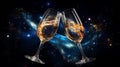 Wine glasses champagne toast with space galaxy background, amazing night starry background, dark turquoise and light gold,