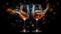 Wine glasses champagne toast with space galaxy background, amazing night starry background, dark turquoise and light gold,