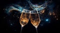 Wine glasses champagne toast with space galaxy background, amazing night starry background, dark turquoise and light gold,