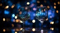 Wine glasses champagne toast with space galaxy background, amazing night starry background, dark turquoise and light gold,