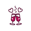Wine glasses cheers love hearts celebration drink beverage icon line and filled Royalty Free Stock Photo