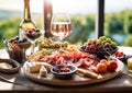 Wine glasses with cheese,olives and various snacks.Macro.AI Generative