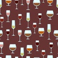 Wine glasses of different shapes with different alcohol seamless pattern. Vector background with alcohol. Print with Royalty Free Stock Photo