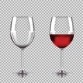 Wine glasses - empty, half full. Set of transparent vector wineglass with red wine. Royalty Free Stock Photo