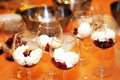 Wine glasses filled with dessert
