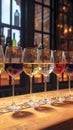 Wine glasses filled, diverse wines, wooden table, restaurant ambiance