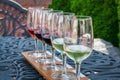 Wine glasses lined up for a tasting in the garden at local vineyard Royalty Free Stock Photo