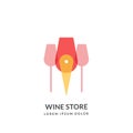 Wine glasses and map pin logo sign or emblem design template. Winery or bar place location vector abstract illustration