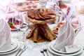 Wine glasses, napkins, bread and salad on the table. Royalty Free Stock Photo