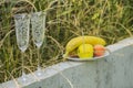 Wine Glasses With Ornaments and Fruits In the Family Yard Royalty Free Stock Photo