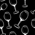 Wine glasses pattern. Hand-drawn white doodle of wine glasses on black backdrop. Seamless vector background Royalty Free Stock Photo