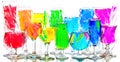 Wine glasses with red, orange, yellow, green, blue, violet liquids stand on a glass surface Royalty Free Stock Photo