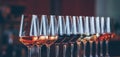 Wine glasses in a row. Buffet table celebration of wine tasting. Nightlife, celebration and entertainment concept Royalty Free Stock Photo