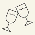 Wine glasses thin line icon. Two cheering glass outline style pictogram on white background. Couple of champagne glasses Royalty Free Stock Photo