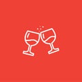 Wine Glasses Toast Line Icon On Red Background. Red Flat Style Vector Royalty Free Stock Photo