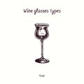 Wine glasses types collection, Rose. Ink black and white doodle drawing