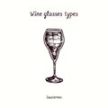 Wine glasses types collection, Sauternes. Ink black and white doodle drawing