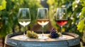 Wine Glasses on a Vineyard Barrel.AI generated image Royalty Free Stock Photo