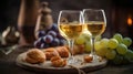 Wine glasses of vintage chardonnay with delicious appetizers. Couple of glasses of white wine, italian breadsticks, figs and