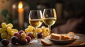 Wine glasses of vintage chardonnay with delicious appetizers. Couple of glasses of white wine, italian breadsticks,