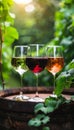 Wine glasses on wooden barrel in vineyard, featuring a selection of white, rose, and red wines Royalty Free Stock Photo