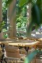 Wine goblet on dining table. Soft light with shadow. large window overlooking surrounding nature. Royalty Free Stock Photo