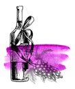 Wine grape. Bottle, grape twig. Vector background with wine stains and hand drawn sketch illustration of grapes