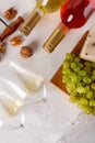 Wine, grapes, cheese and nuts. Top view Royalty Free Stock Photo