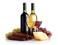 Wine, grapes, cheese an sausage isolated on white Royalty Free Stock Photo