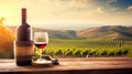 Wine and grapes on old wooden table in vineyard in autumn. Generative AI