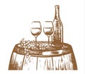 Wine hand drawn composition, glasses, a bottle of wine, and grapes on a barrel. Sketch vector illustration Royalty Free Stock Photo
