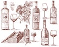 Wine harvest products, press, grapes, vineyards corkscrews glasses bottles in vintage style, engraved hand drawn