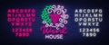 Wine house pattern ornament frame with in a trendy neon style. Logo, badge glowing banner. For the menu, bar, restaurant