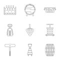 Wine icon set, outline style