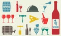 Wine icons set: bottle, opener, glass, grape, barrel. Design elements for restaurant, food and drink. Colorful vector illustration Royalty Free Stock Photo