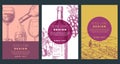 Wine label design template. Sketch vector illustration of bottle, glass, grapes and vineyard field. Backgrounds set