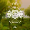 Wine label with grapes in center and pattern around on realistic blurred background Royalty Free Stock Photo