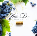 Wine list background; sweet black grapes and bottle cork