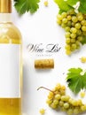 Wine list background; sweet white grapes and wine bottle