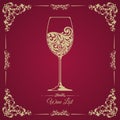 Wine list card bar menu retro design. Classic vintage template with ornamental frame and decorative glass of wine.
