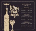 Wine list menu with bottle, glass and grape bunch Royalty Free Stock Photo