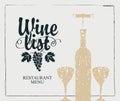 Wine list menu with bottle, two glasses and vine