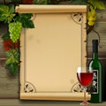 Wine list with old parchment, grapes, bottle and wineglass on wood background