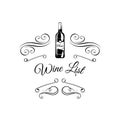 Wine list. Wine bottle. Alcohol menu design. Decoration, Swirls, ornate frames. Vector illustration. Royalty Free Stock Photo