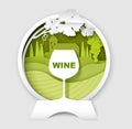 Wine logo, label, emblem template. Vector paper cut wine glass, grape vine, vineyard landscape in round frame.