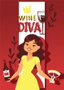 Wine lover banner vector illustration. Cartoon cheerful female character with curly hair in dress with bottle of red Royalty Free Stock Photo