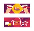 Wine lover banners vector illustration. Oh, look, it s wine o clock. Hello wine goodbye problems. Spending time together