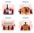 Wine maker concept set. Man wearing his apron with a bottle of a red