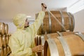 wine maker specialist worker work in win factory test wine taste aroma fermentation in oakwood barrel tank Royalty Free Stock Photo