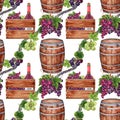 Wine making and grape harvest seamless pattern. Bottle of red wine in a wooden crate. Hand drawn watercolor illustration isolated